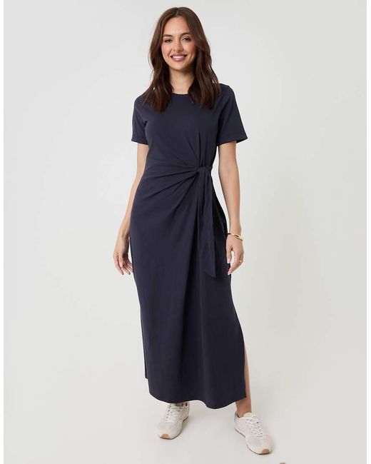 Threadbare Blue Tie Front Side Split Cotton Jersey Midi Dress