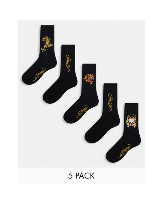 Arola - confezione da 5 paia di calzini neri con stampa stile tatuaggio di Ed Hardy in White da Uomo