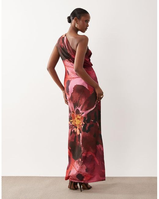 ASOS Red One Shoulder Satin Maxi Dress With Pleat Detail