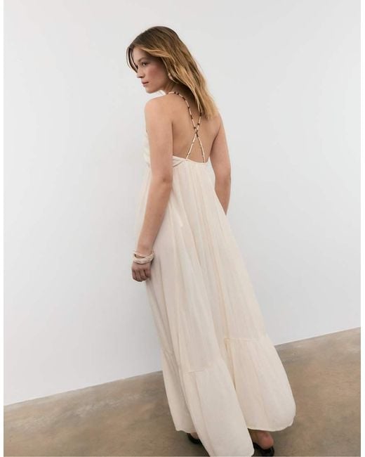 Stradivarius Natural Long Crepe Dress With Beading Straps
