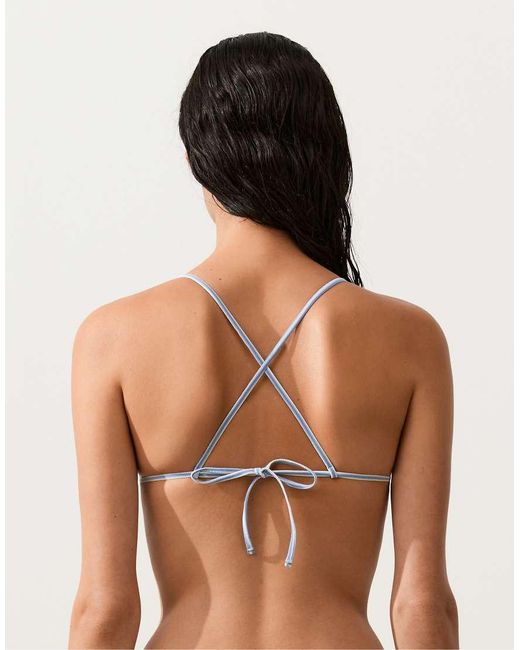 Oysho Blue Textured Stripe Triangle Bikini
