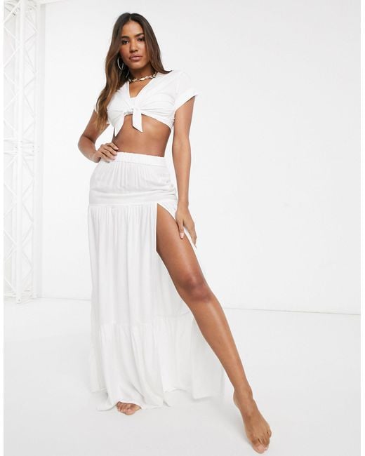 South Beach White Tie Front Crop Top And Slit Maxi Skirt Set