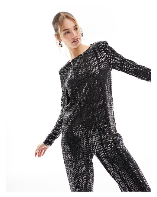 Pieces Black Sequin Long Sleeve Top Co-ord