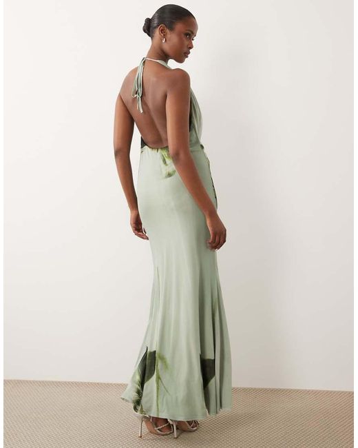 ASOS Gray Cowl Neck Floral Placement Print Mesh Maxi Dress