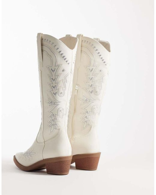 Glamorous White Embroidered Western Knee Boots