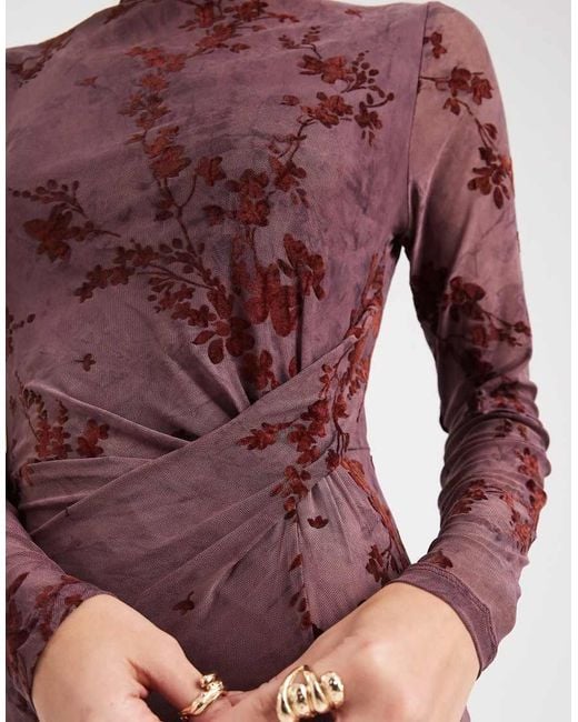French Connection Red High Neck Mesh Midi Dress With Velvet Burnout