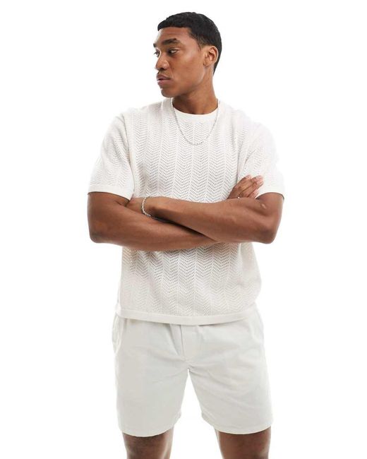 Bershka White Textured Herringbone T-shirt for men