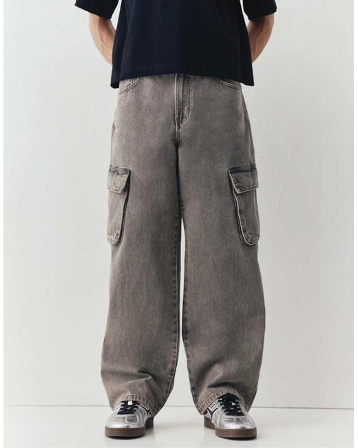Pull&Bear Gray Baggy Cargo Jeans for men
