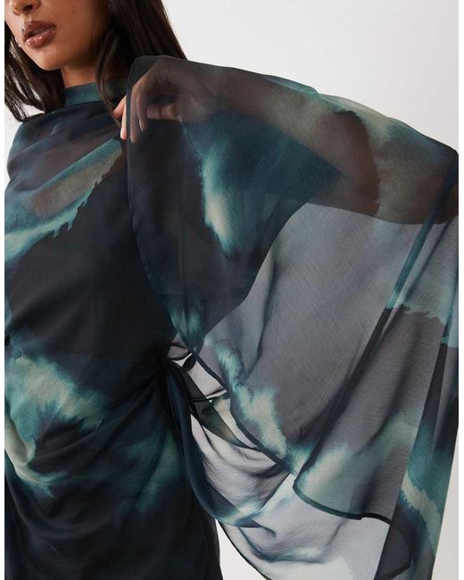 ASOS Blue High Neck Drape Front Extreme Cape Sleeve Mini Dress