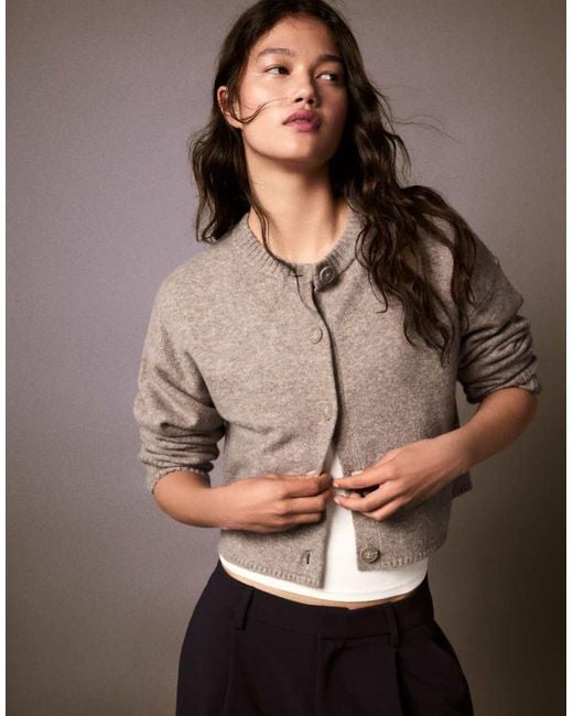 Bershka Brown Round Neck Button-up Knit Cardigan