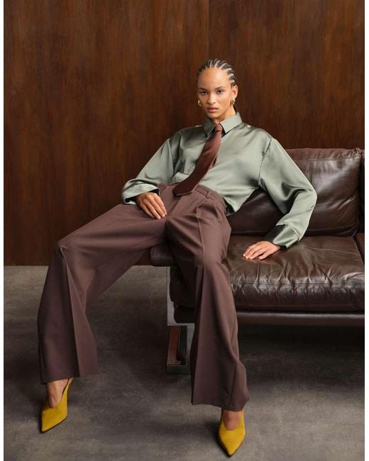 ASOS Brown Tailored Low Rise Wide Leg Pants With Asymmetric Waistband