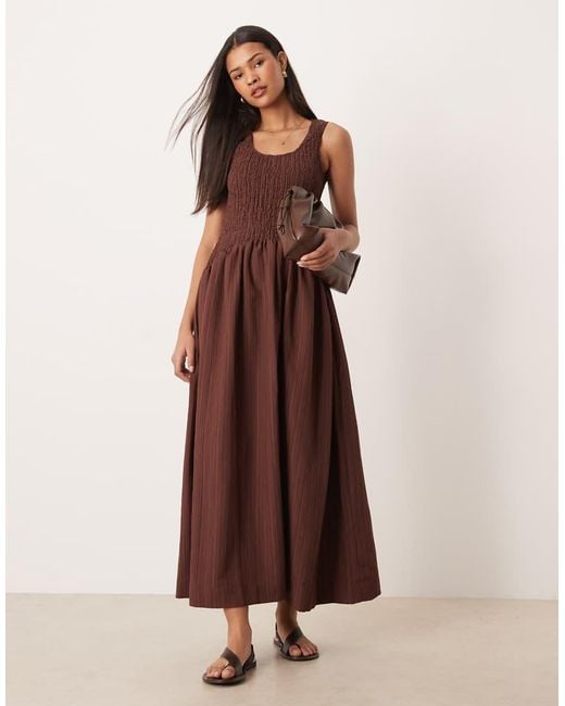 ASOS Brown Crinkle Scoop Neck Maxi Sundress With Shirred Waist