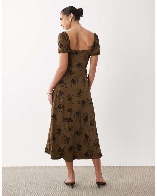ASOS Brown Scalloped Collar Puff Sleeve Seam Detail Midi Tea Dress