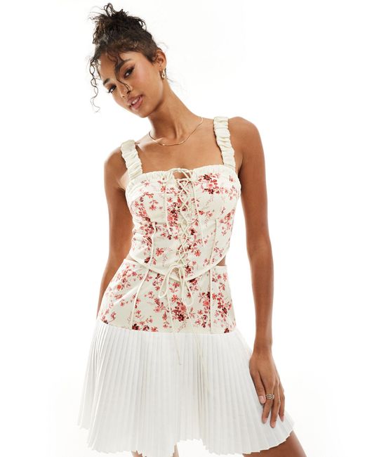 ASOS White Twill Corset Mini Dress With Lace Up & Pleated Skirt