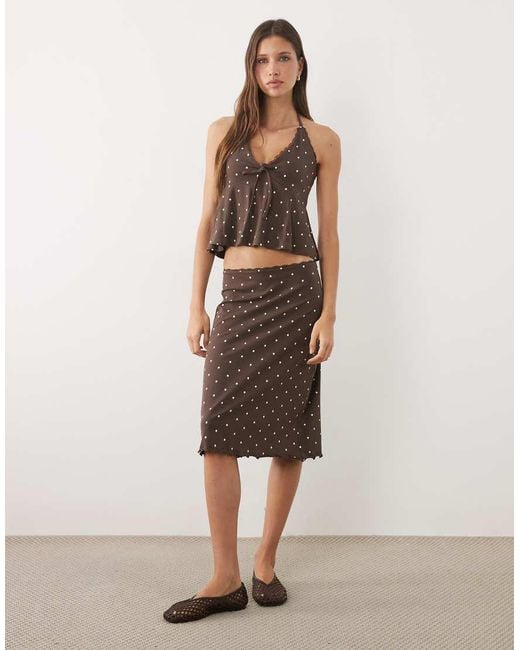 Miss Selfridge Brown Rib Halterneck Top With Lace Trim