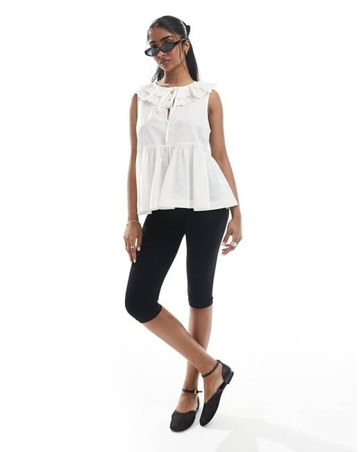 ASOS White Sleeveless Smock Top With Broderie Collar And Tie Neck
