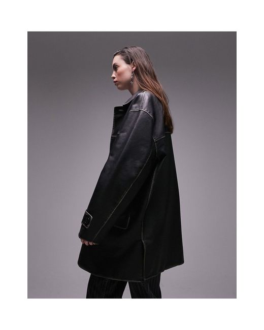 Manteau mi-long en similicuir - délavé TOPSHOP en coloris Black