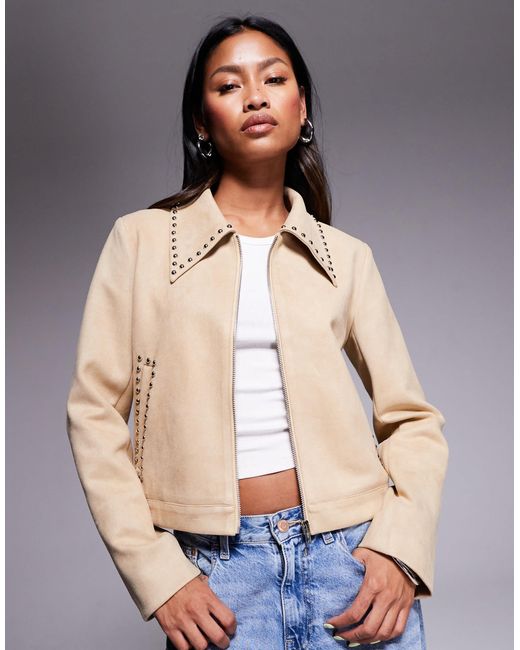 Princess Polly Blue Hurleigh Faux Suede Stud Trim Collared Jacket