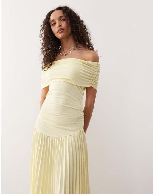 Lioness Natural Field Of Dreams Foldover Bardot Ruched Drop Waist Pleated Maxi Dress