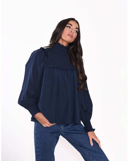 Glamorous Blue Smocked High Neck Blouse