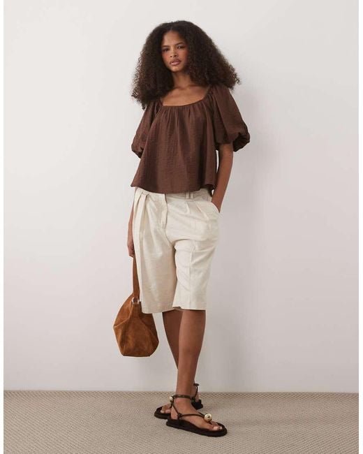 New Look Brown Crinkle Square Neck Blouse With Puff Sleeve