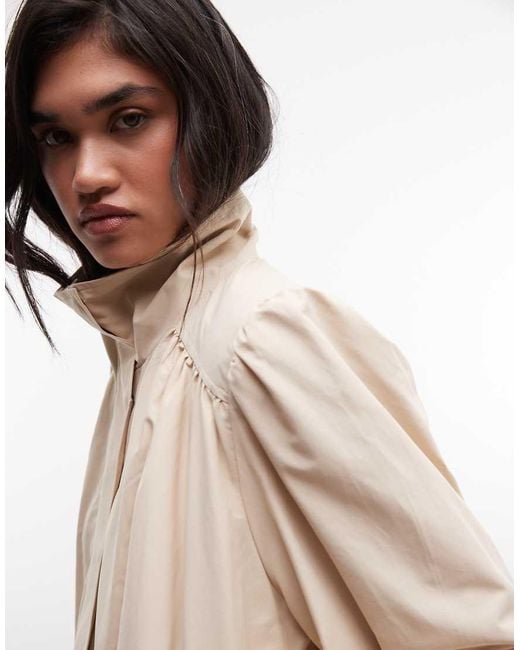 Monki Natural Balloon Sleeve High Neck Trench Coat