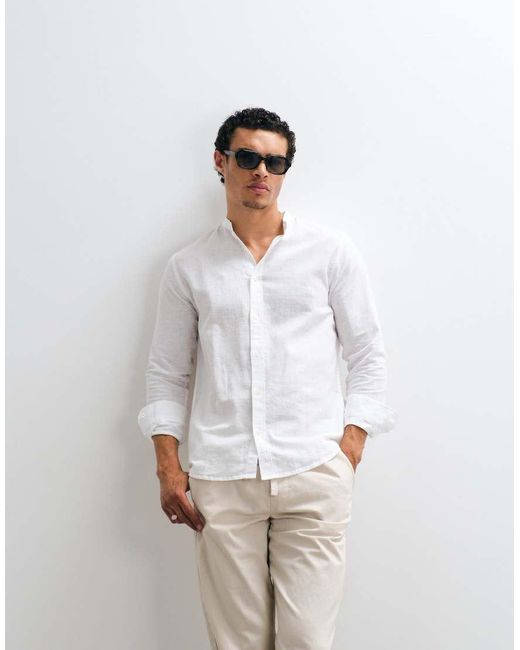 Only & Sons White Linen Mix Grandad Collar Shirt for men