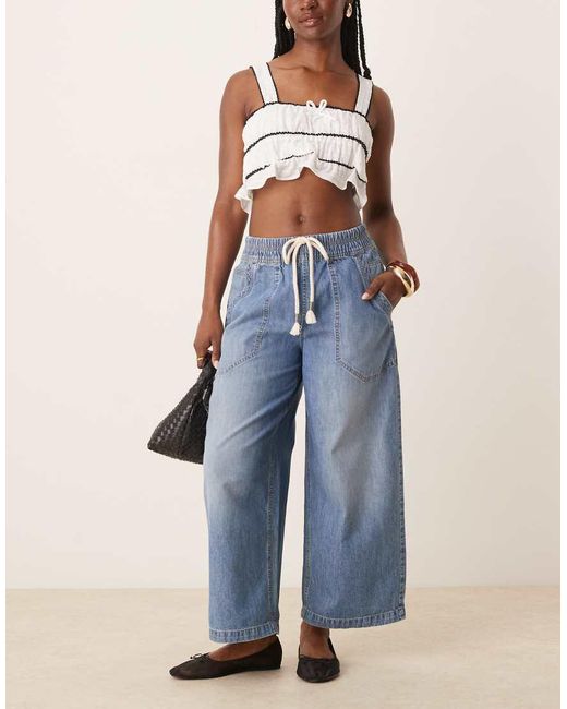 Free People Blue Tie-detail Barrel Leg Pull-on Jeans
