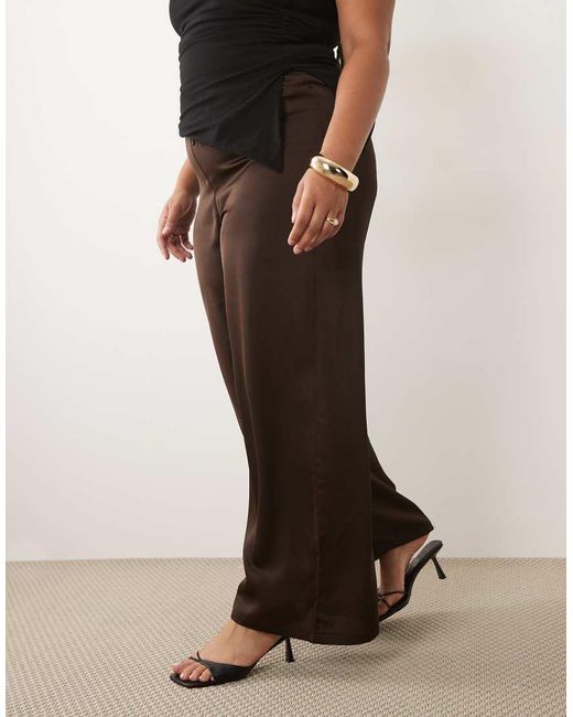 Vila Curve Brown Tie Waist Wide Leg Satin Trousers