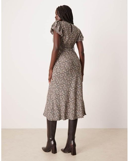 Nobody's Child Natural Sicily Gathered Ruched Neck Puff Sleeve Midi Tea Dress