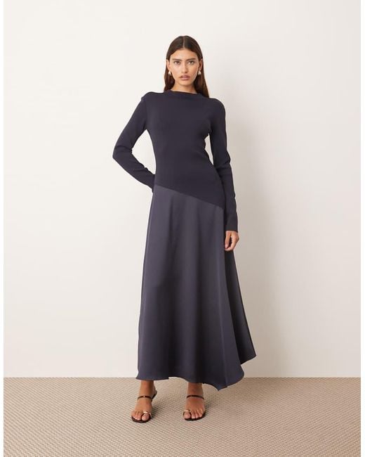 ARRANGE Blue Hybrid Knit Maxi Dress With Asymmetric Skirt