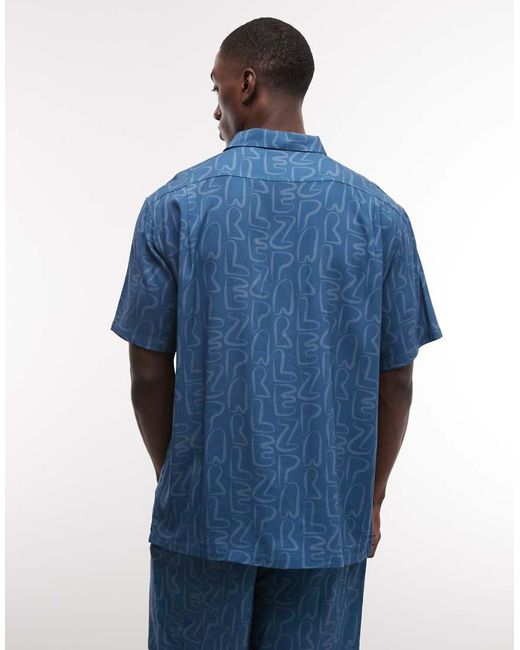 Parlez Blue Short Sleeve Stamp Geometric Pattern Button Up Shirt for men