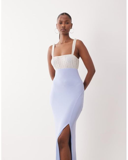 ASOS Blue Mesh Spot Micro Ruched Bust Maxi With Thigh High Split