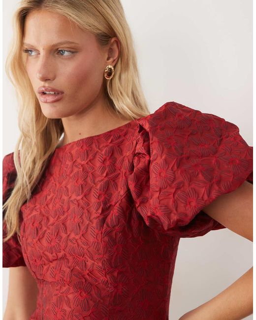 Sister Jane Red Bilberry Exclusive Jacquard Round Neck Puff Sleeve Mini Dress