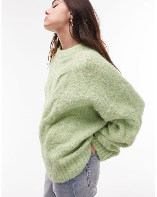 TOPSHOP Green Knit Fluffy Cable Front Two Tone Sweater