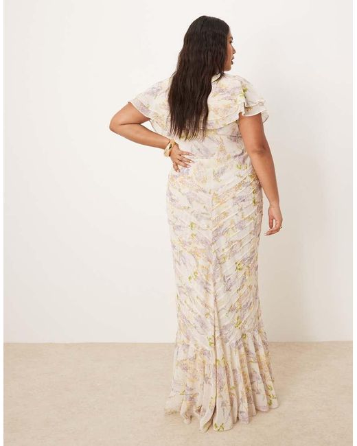 ASOS Natural Asos Design Curve Pintuck Maxi Dress With Cape Flutter Sleeve
