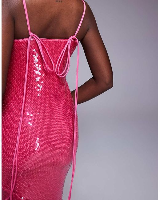 ASOS Red Sheer Sequin Cowl Neck Maxi Dress With Strappy Back