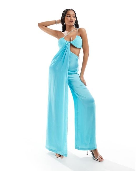ASOS Blue Satin Chiffon Mix Cut Out Wide Leg Jumpsuit