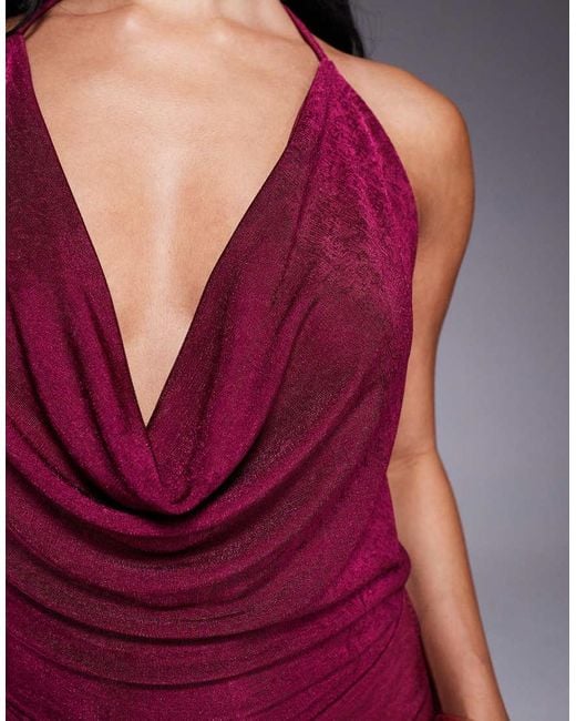 Aria Cove Purple Slinky Cowl Halterneck Open Tie Back Maxi Dress