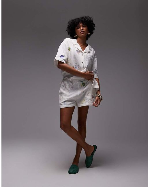 TOPSHOP Gray Co Ord Cotton Doodle Embroidery Pull On Shorts