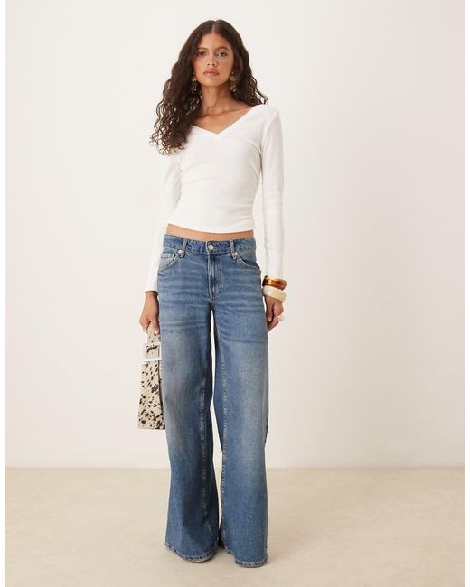 ASOS White V Neck Cinched Mini Rib Long Sleeve Top
