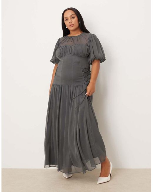 ASOS Gray Asos Design Curve Puff Sleeve Chiffon Maxi Dress