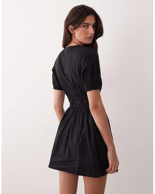Nobody's Child Black Madison Puff Sleeve Shirred Cotton Mini Dress