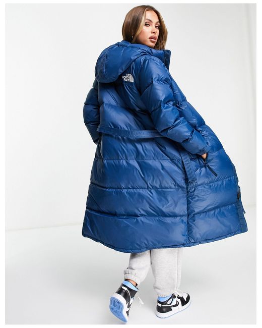 The North Face Nuptse Belted Long Puffer Coat in Blue | Lyst