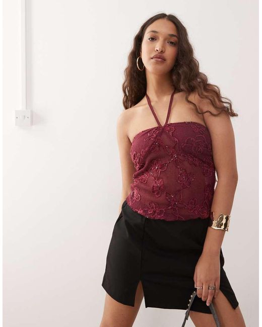 Motel Red Ruwi Sequin Knit Halter Top