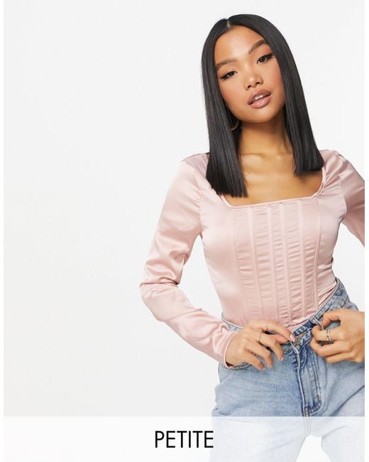 Missguided Long Sleeve Satin Corset Detail Bodysuit in Pink | Lyst
