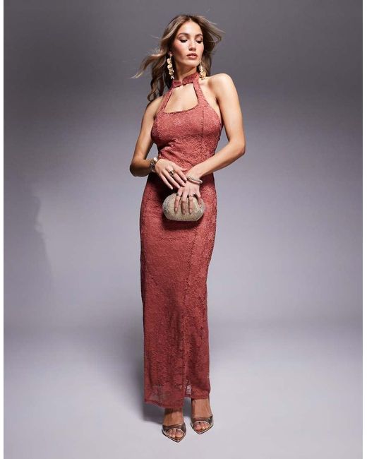 ASOS Pink Lace Square Neck Halter Midi Dress With Front Split