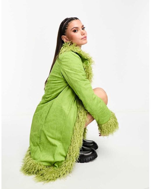 Daisy Street Green Longline Faux Suede Shearling Jacket
