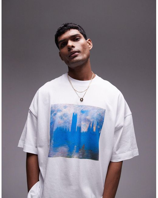 Topman Blue Extreme Oversized Fit T-shirt With Monet House Of Parliament Print for men