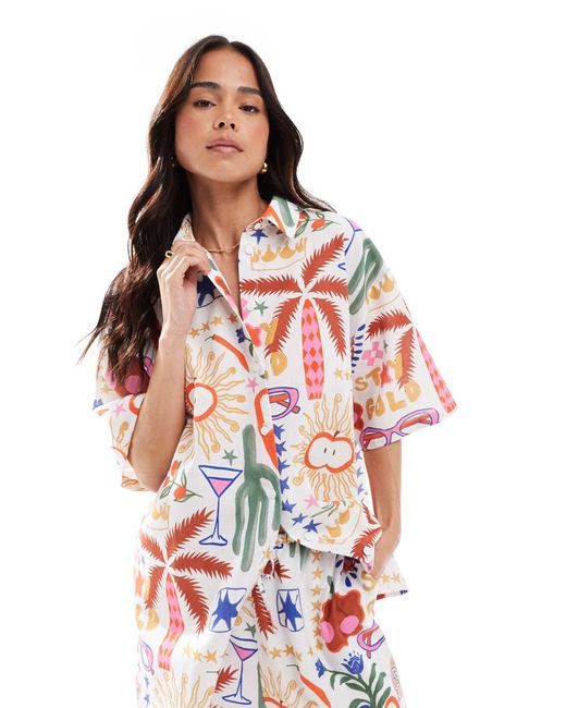 ASOS Red – kurzärmlige oversize-hemdbluse aus leinen mit kaktusmuster, kombiteil